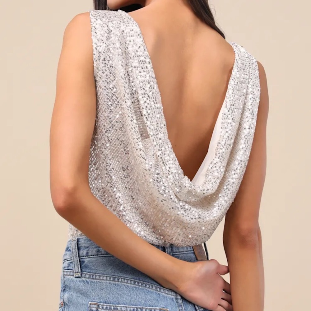 Silver Sequin Cowl Back Bodysuit